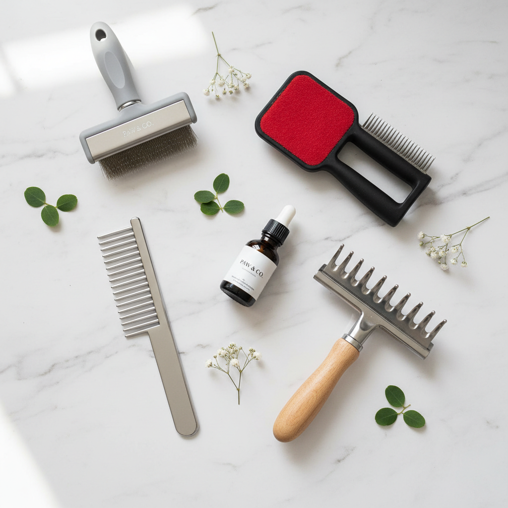 Furora Grooming Starter Bundle - slicker brush, hair removal brush, grooming comb and undercoat rake flatlay