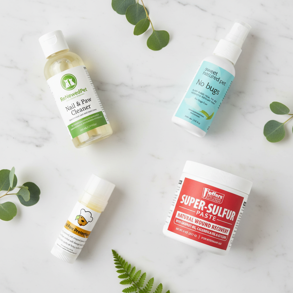 Furora Paw & Skin Care Bundle - nail paw cleaner, nose balm, healing paste and flea spray flatlay